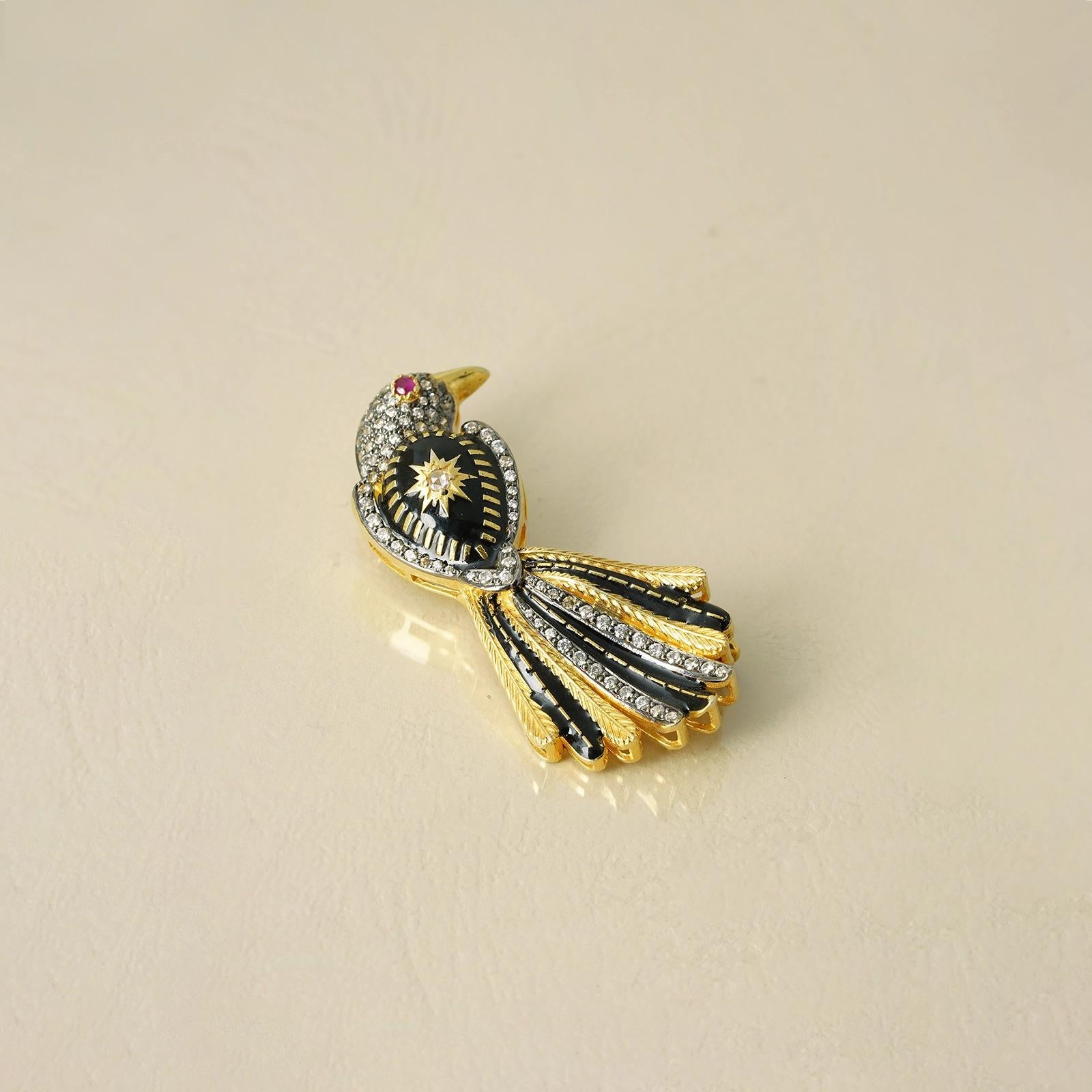 Rose Cut Moi Joya Gold Diamond and Black Enamel Brooch and Pendant For Sale