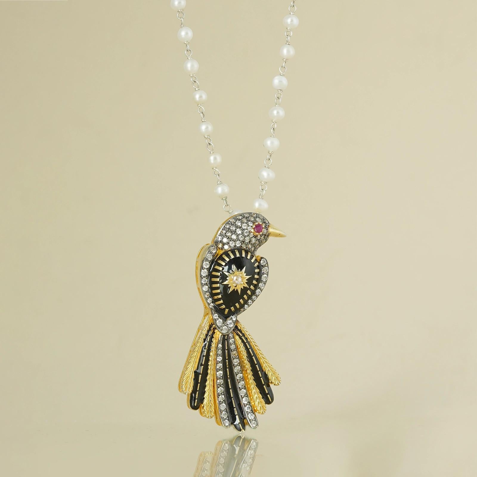 Women's Moi Joya Gold Diamond and Black Enamel Brooch and Pendant For Sale