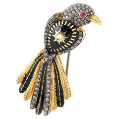 Moi Joya Gold Diamond and Black Enamel Brooch and Pendant