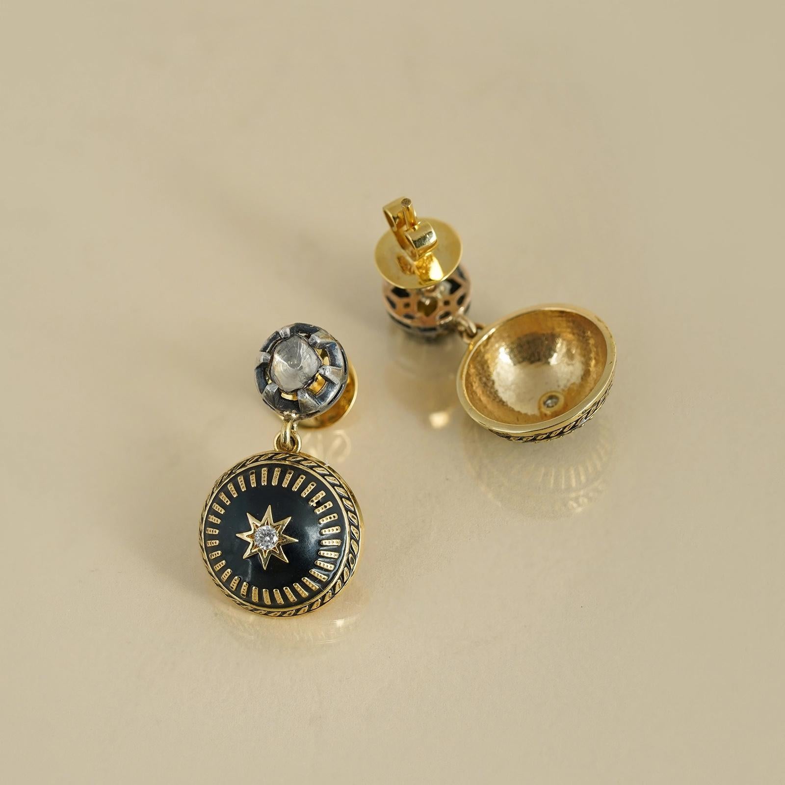 Women's Moi Joya Gold Diamond and Black Enamel Earring For Sale