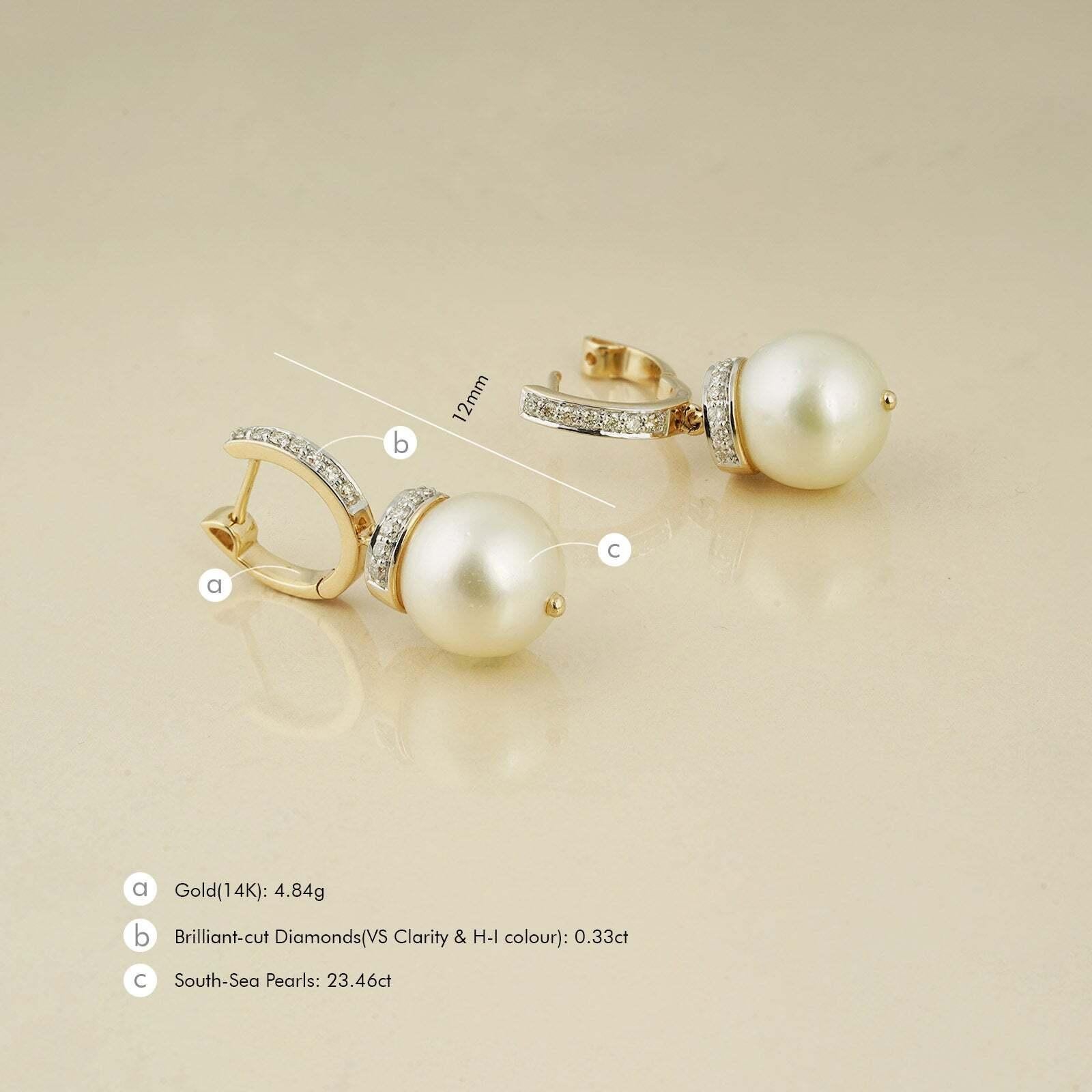 Moi June Gold Diamond and South Sea Pearl Drop Earrings In New Condition For Sale In Lawrenceville, GA