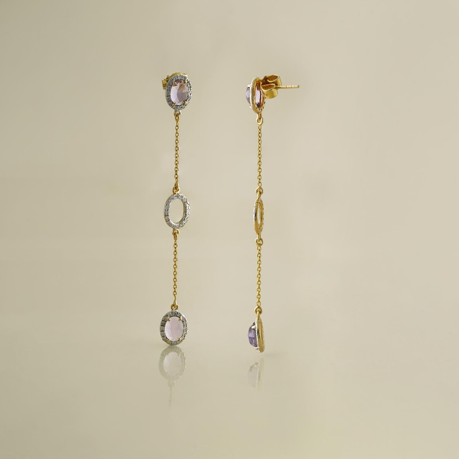 Moi Layla Gold Diamond and Amethyst Earrings In New Condition For Sale In Lawrenceville, GA