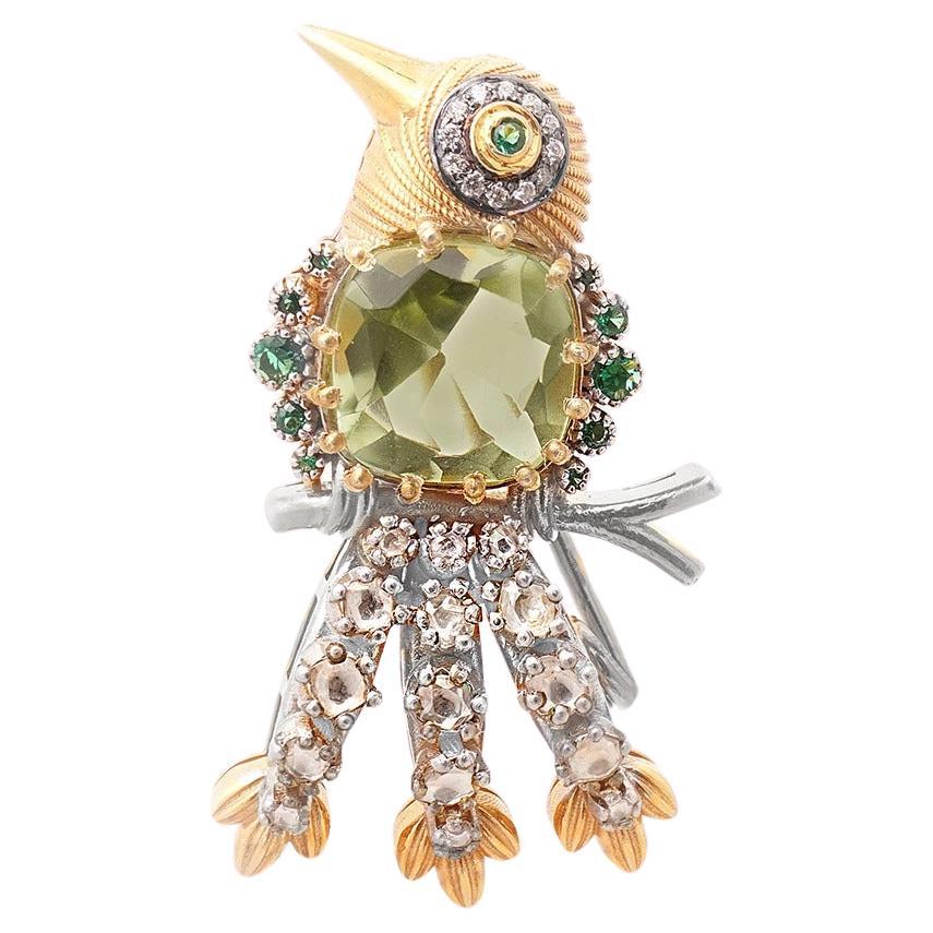 Moi Lovebird Gold Diamond and Green Amethyst Brooch and Pendant