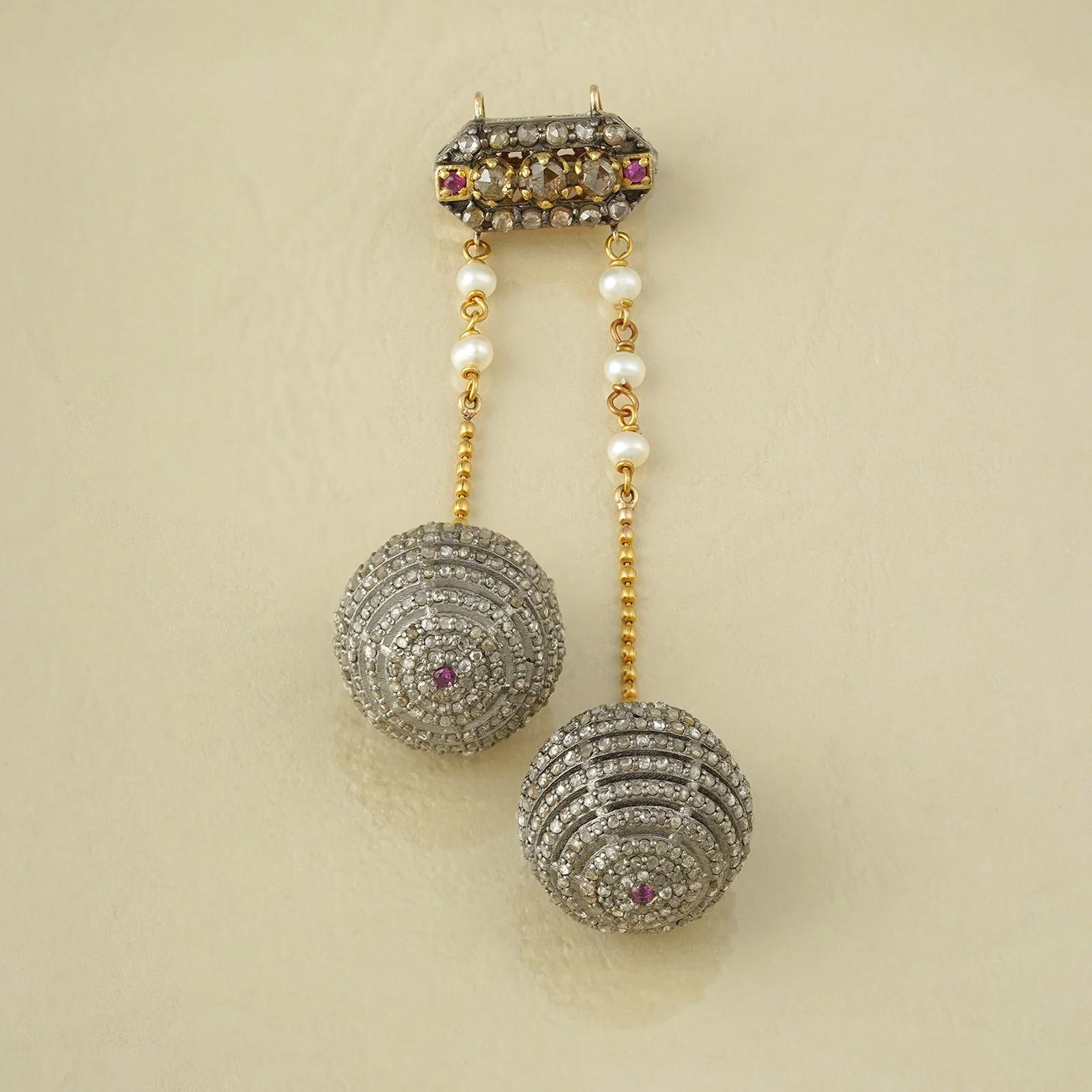 Moi Luna Gold-Diamant-Rubin-Brosche und Halskette (Rosenschliff) im Angebot