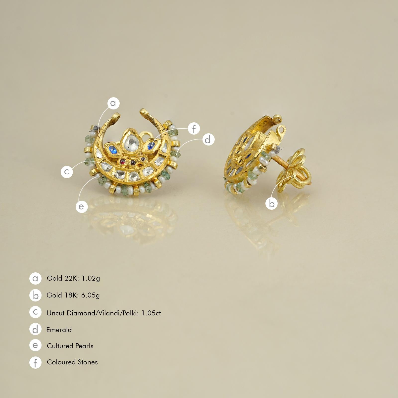 Moi Maurya Gold Emerald and Uncut Diamond Ear Tops For Sale 2