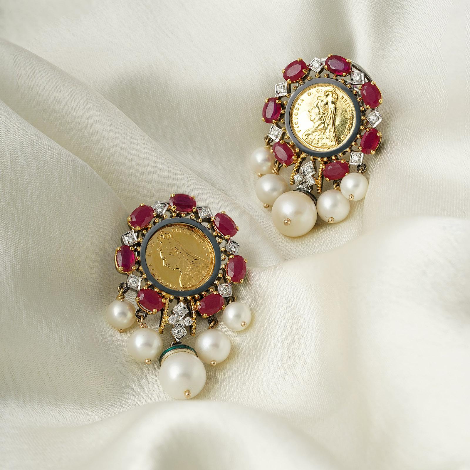 Gold(22K) : 2.20g
Gold(14K) : 6.93g
Brilliant cut Diamonds : (VS clarity & H-I colour) : 0.40ct
Gemstone : Ruby, Chinese Button Pearls
Silver Alloy

Our design ideology aims to celebrate Indian craft with a layer of sophistication and minimalism.