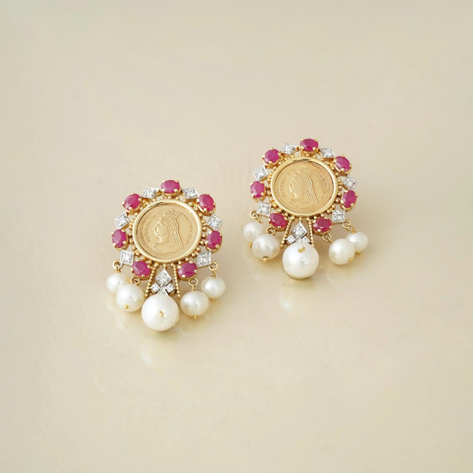 Gold(22K) : 2.0g
Gold(14K) : 11.45g
Brilliant cut Diamonds : (VS clarity & H-I colour) : 0.44ct
Gemstone :
Ruby : 3.71ct
Cultured Pearl : 11.50ct
Other : Green Enamel

Our design ideology aims to celebrate Indian craft with a layer of
