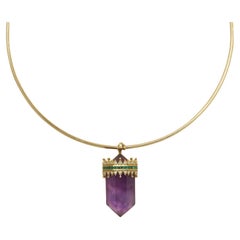 Moi Promise Gold Diamond Emerald and Purple Amethyst Torque Pendant Necklace