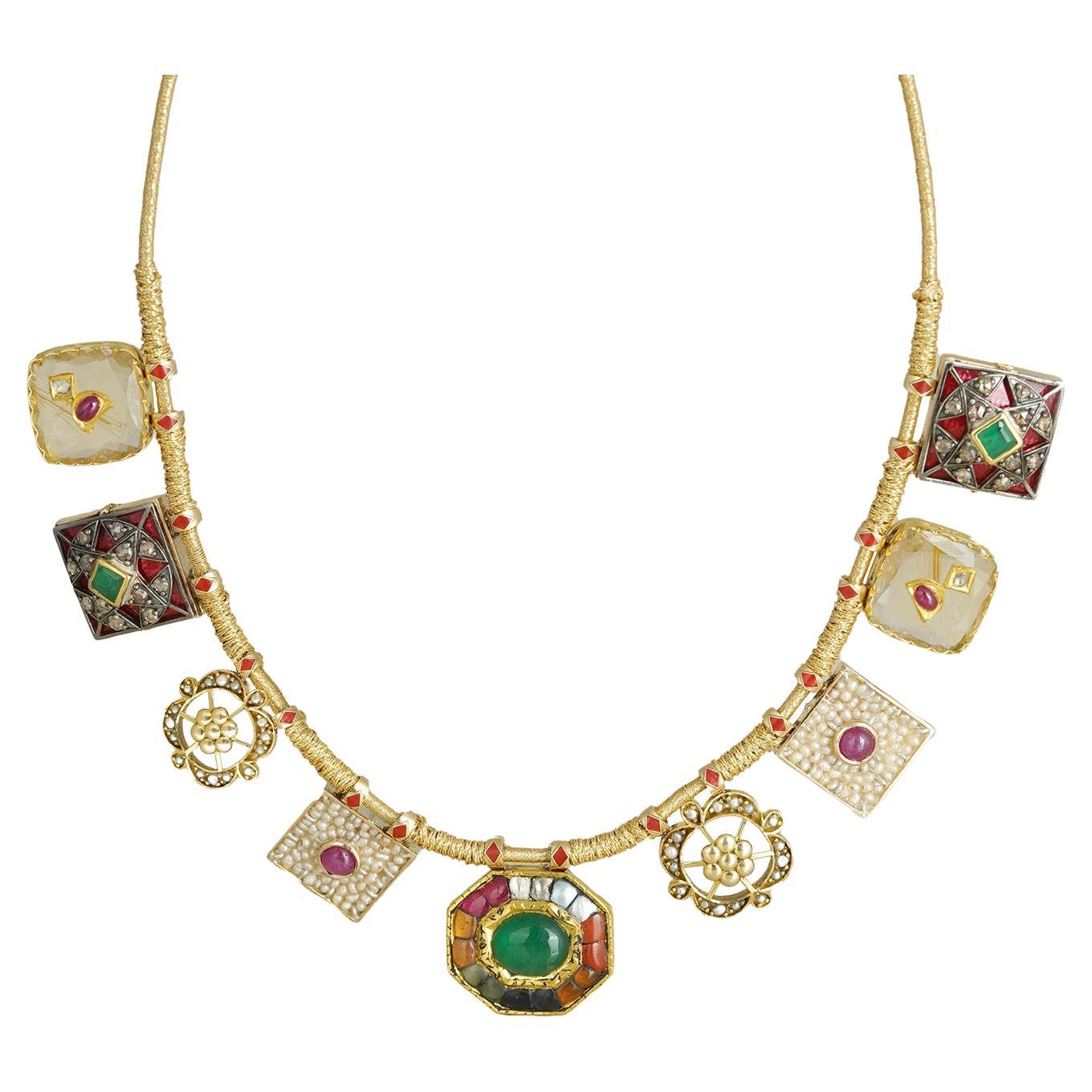 Moi Qutub Multi Gemstones Gold Necklace for Women For Sale