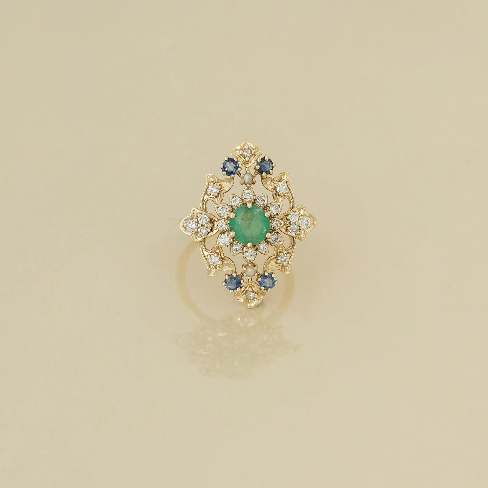 For Sale:  Moi Raha Gold Diamond Emerald Sapphire and Pearl Ring 3