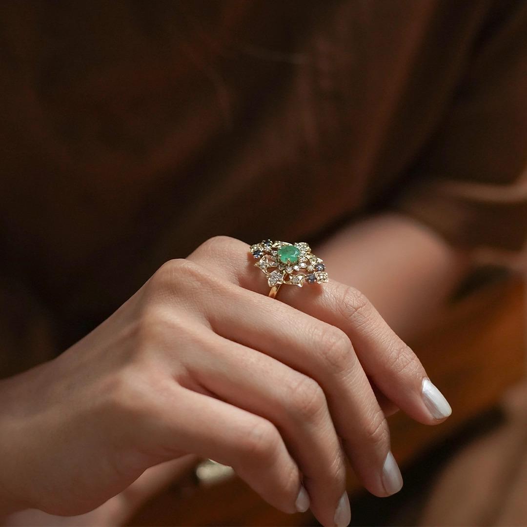 For Sale:  Moi Raha Gold Diamond Emerald Sapphire and Pearl Ring 5