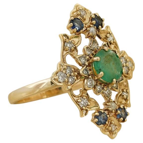 Moi Raha Gold Diamond Emerald Sapphire and Pearl Ring