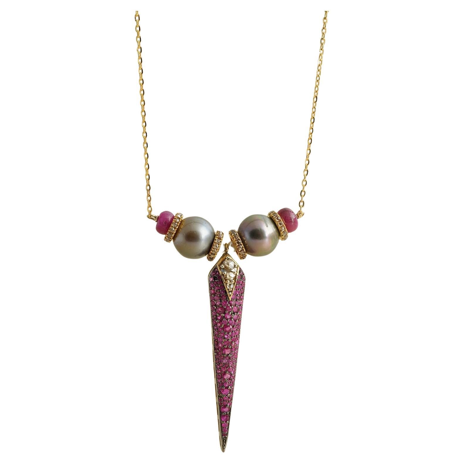 Moi Rosa Gold Tahitian Pearl Diamond and Ruby Pendant Necklace For Sale