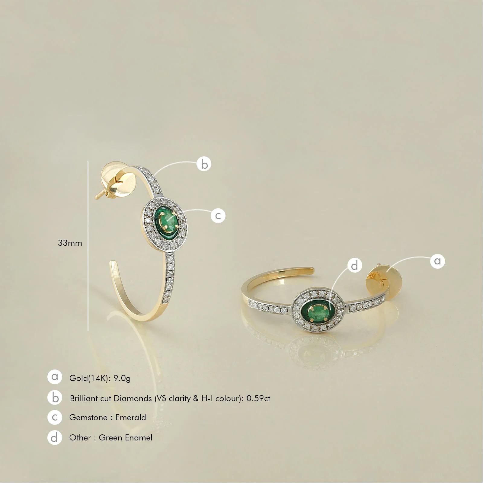 Moi Runa Gold Diamond and Emerald Hoop Earrings In New Condition For Sale In Lawrenceville, GA