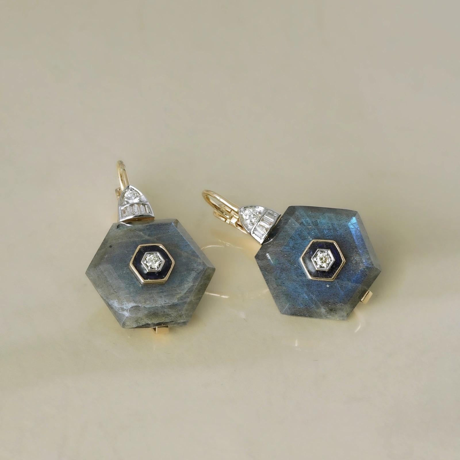 Brilliant Cut Moi Sia Gold Diamond and Labrodorite Earrings For Sale