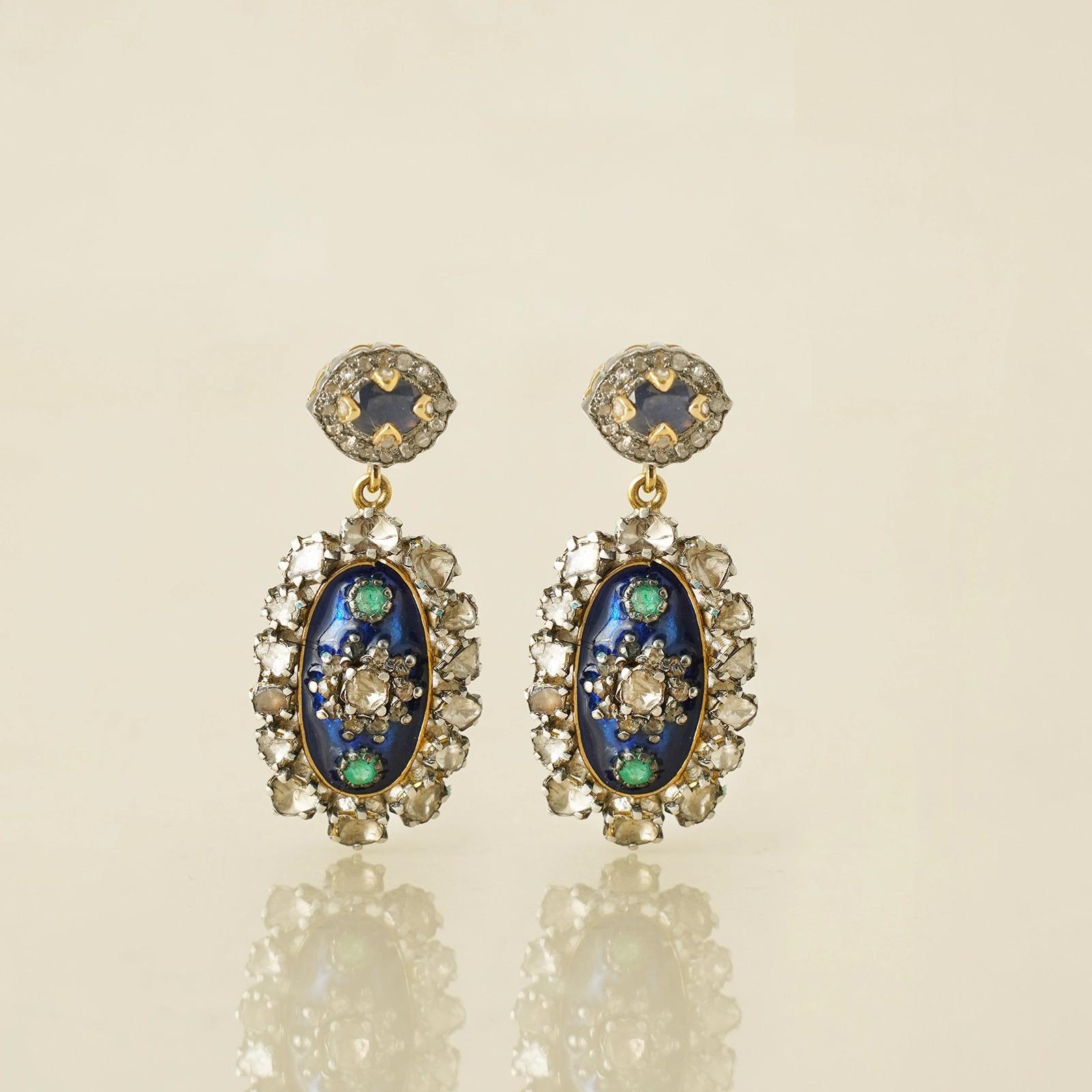 Rose Cut Moi Thea Gold Silver Diamond Emerald and Blue Sapphire Drop Earrings For Sale
