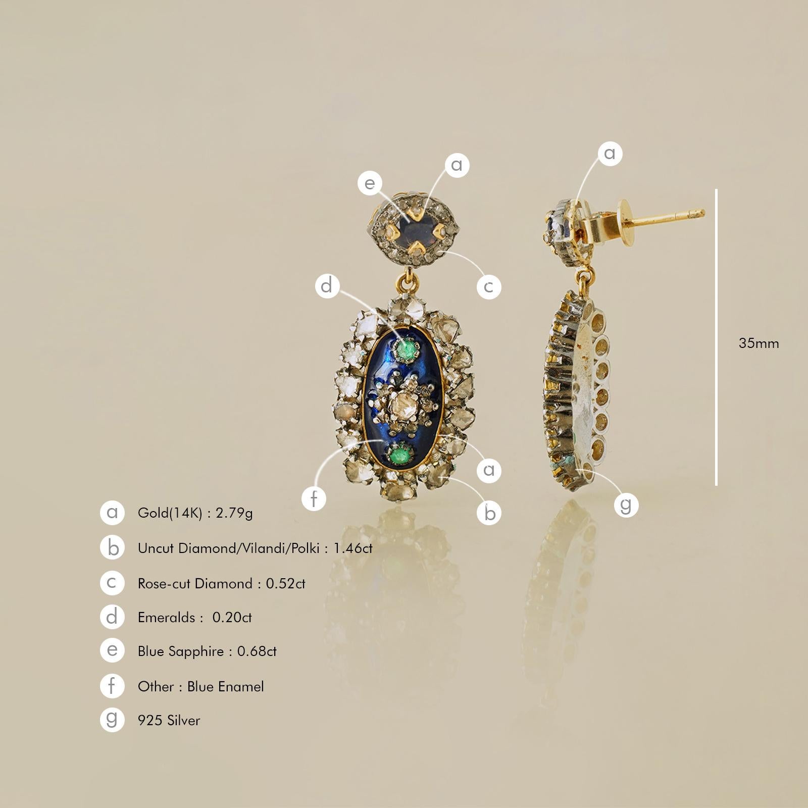 Women's Moi Thea Gold Silver Diamond Emerald and Blue Sapphire Drop Earrings For Sale
