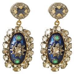 Moi Thea Gold Silver Diamond Emerald and Blue Sapphire Drop Earrings