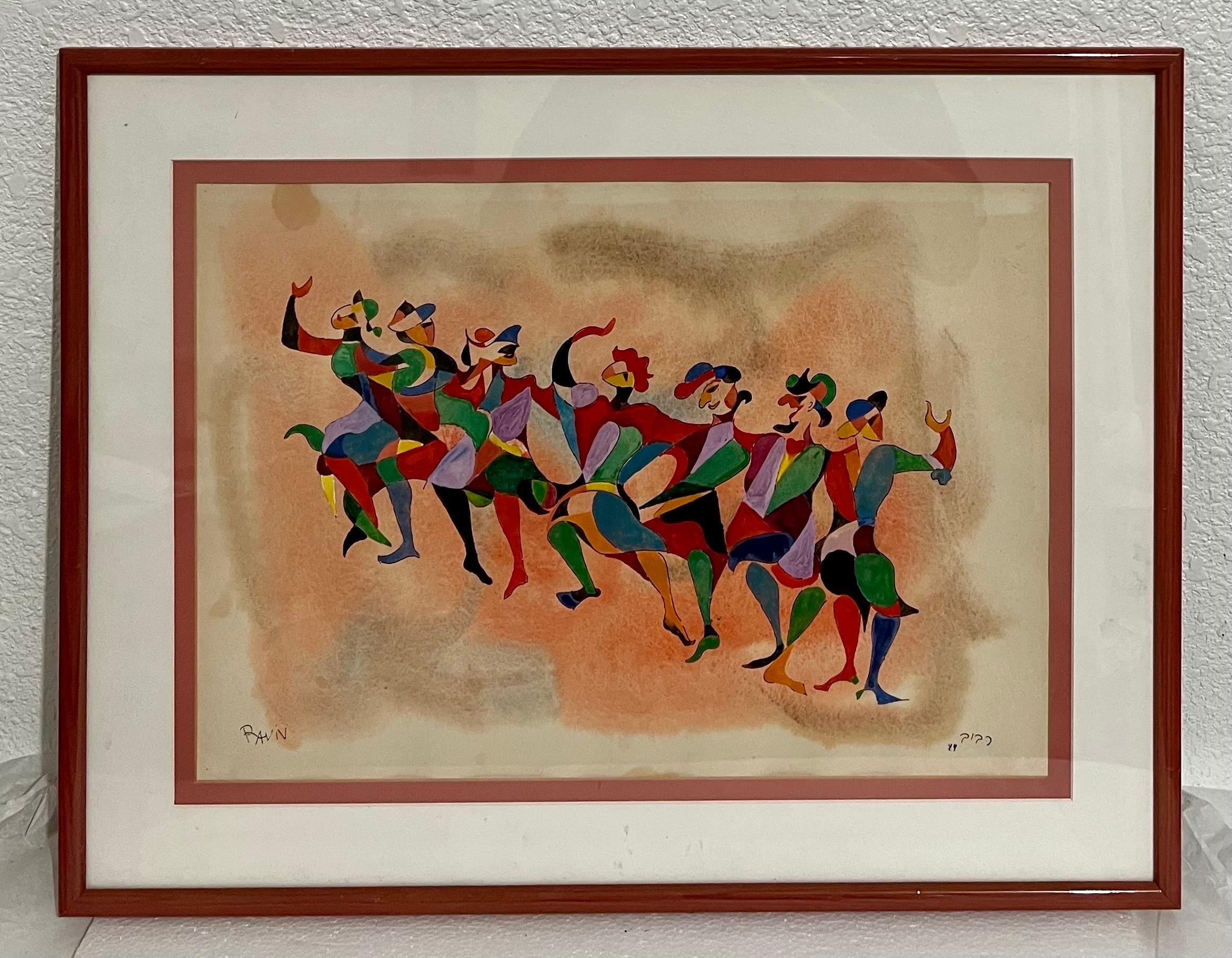 Dancing Jesters or Clowns (colorful Chassidim dancing)
Gouache on paper
Sheet is 19.25 X 25.25  
Image is 13.5 X 19.25

Moshé Raviv-Vorobeichic, known as Moi Ver, born Moses Vorobeichik (1904–1995) was an Israeli photographer and painter.

Moi Ver