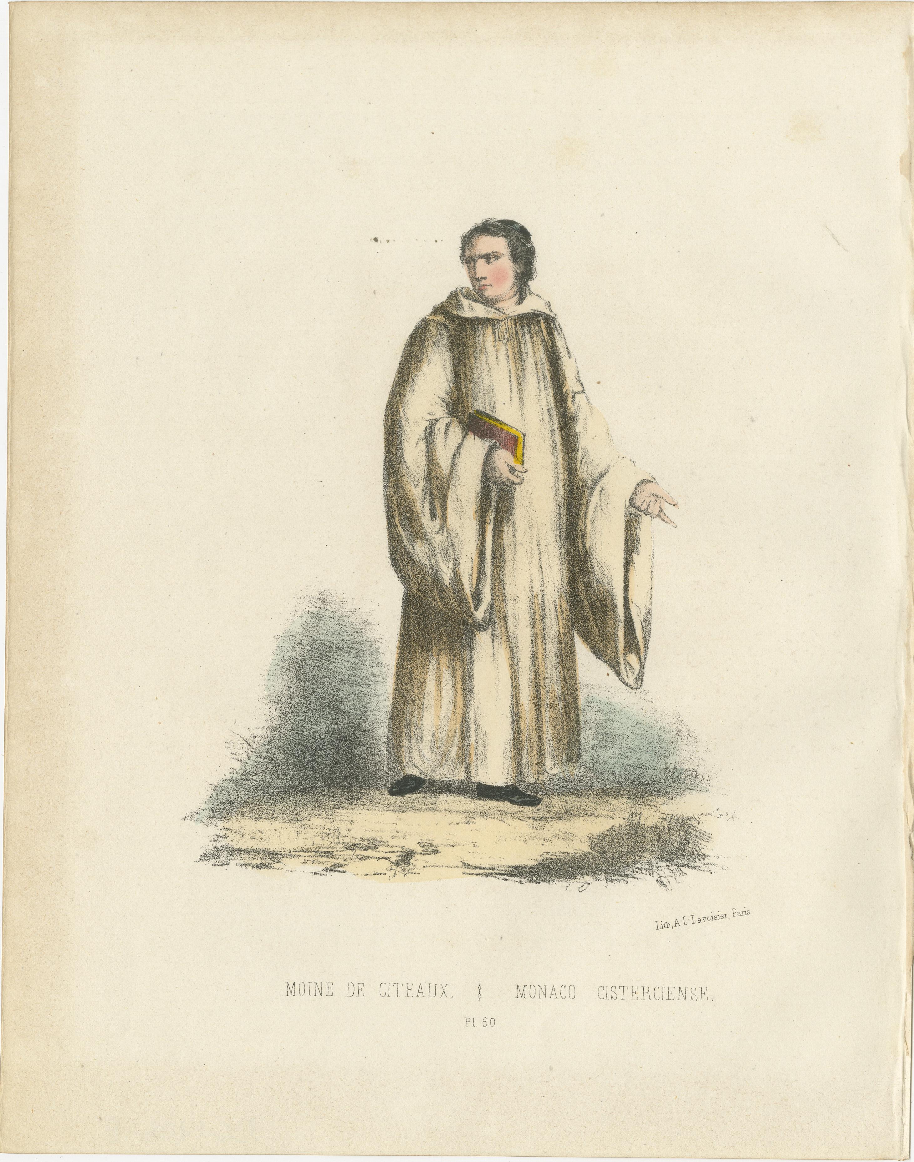 Moine de Cîteaux - 1862 Handkolorierte Lithographie eines Zisterziensermönchs  
  
Diese handkolorierte Lithografie aus dem Jahr 1862 zeigt einen Moine de Cîteaux, einen Zisterziensermönch, der in die traditionelle weiße Kutte mit Kapuze gekleidet