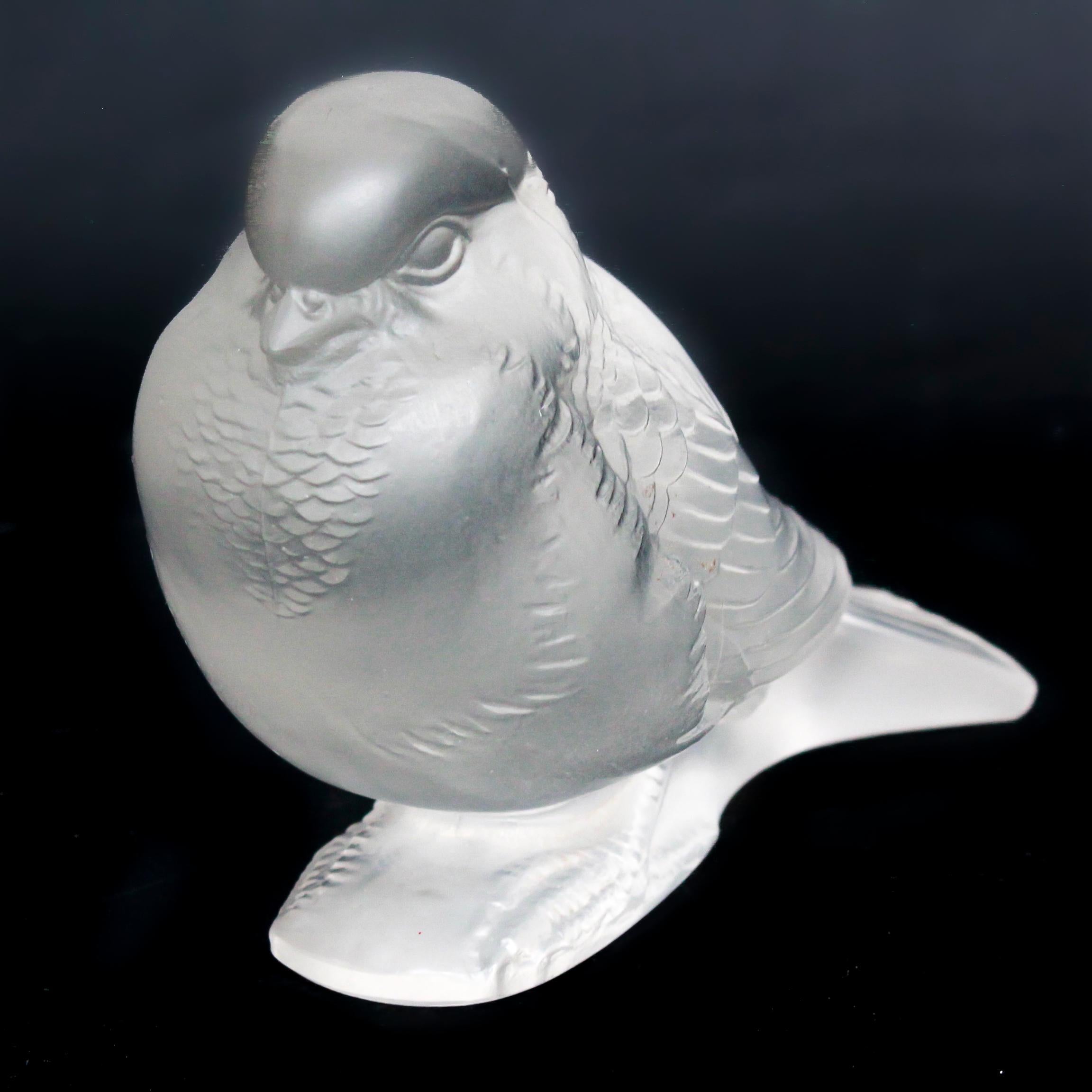 Moineau Fier, an Art Deco glass bird paperweight. A frosted glass figure of a sparrow in an upright position. Model number 1166. Literature: Marcilhac, R Lalique Catalogue Raisonné de L’Œuvre de Verre p.384. Stencil etched R Lalique France to