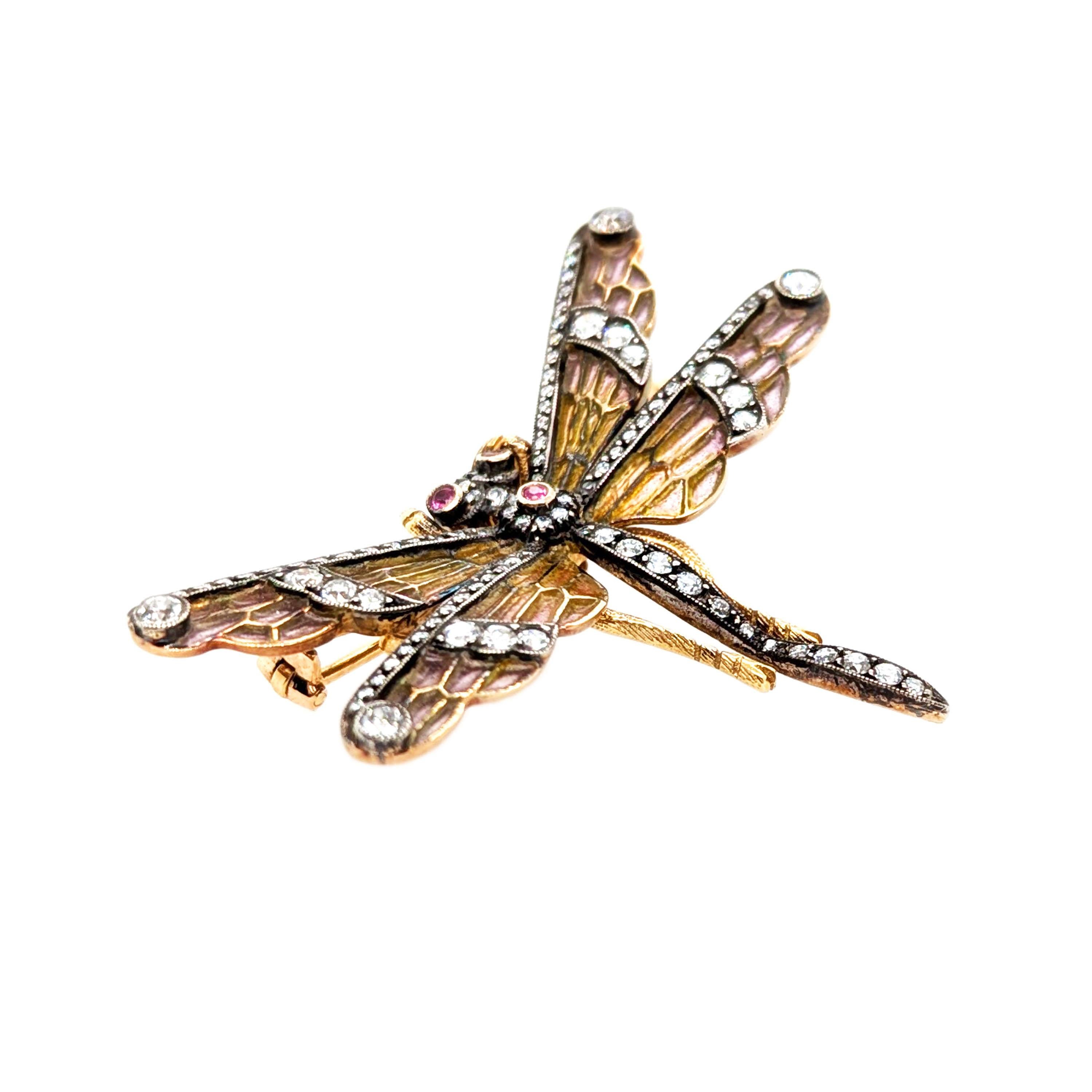 Modern Moira Dragonfly Plique à Jour Enamel, Diamond, Pink Sapphire and Gold Brooch For Sale