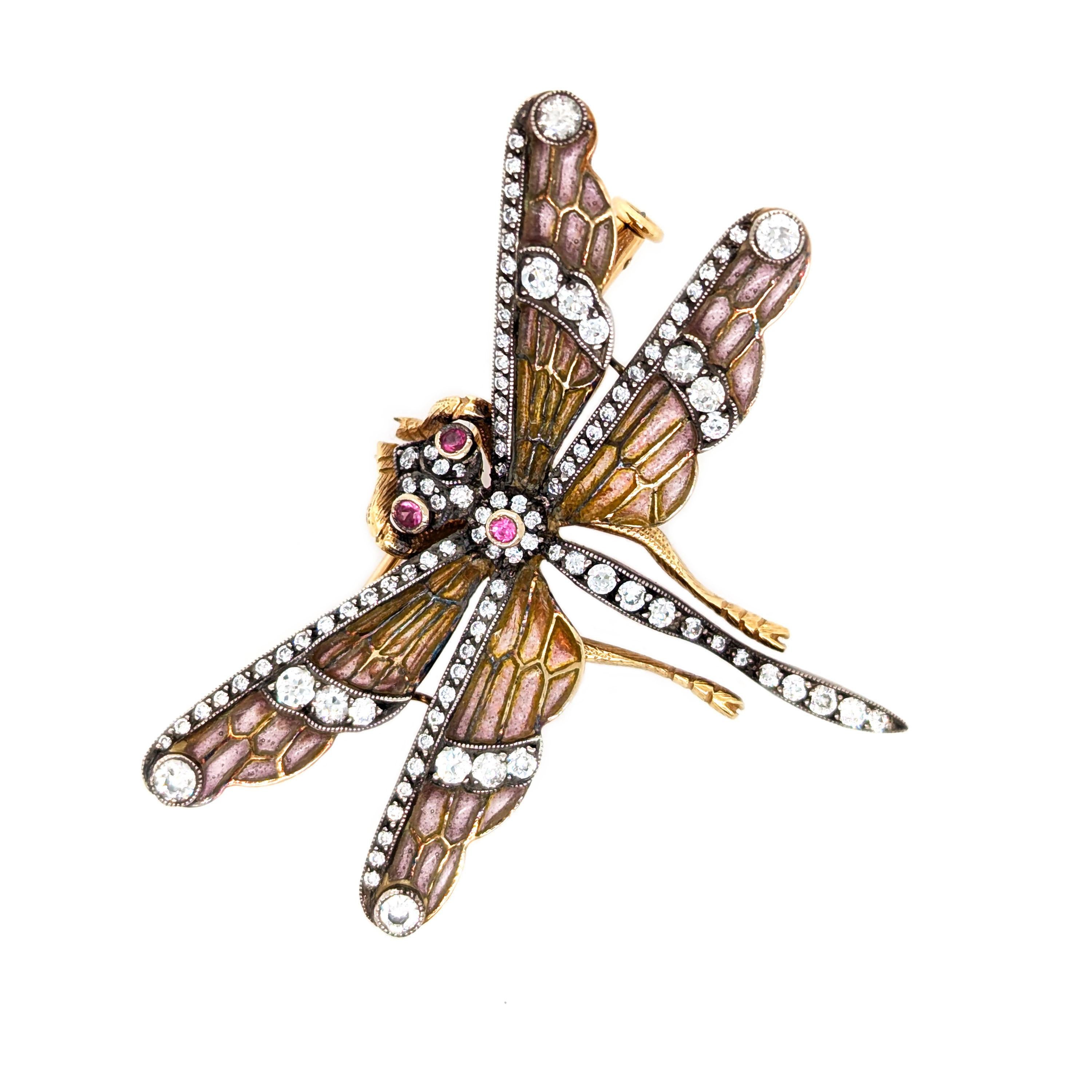 Brilliant Cut Moira Dragonfly Plique à Jour Enamel, Diamond, Pink Sapphire and Gold Brooch For Sale