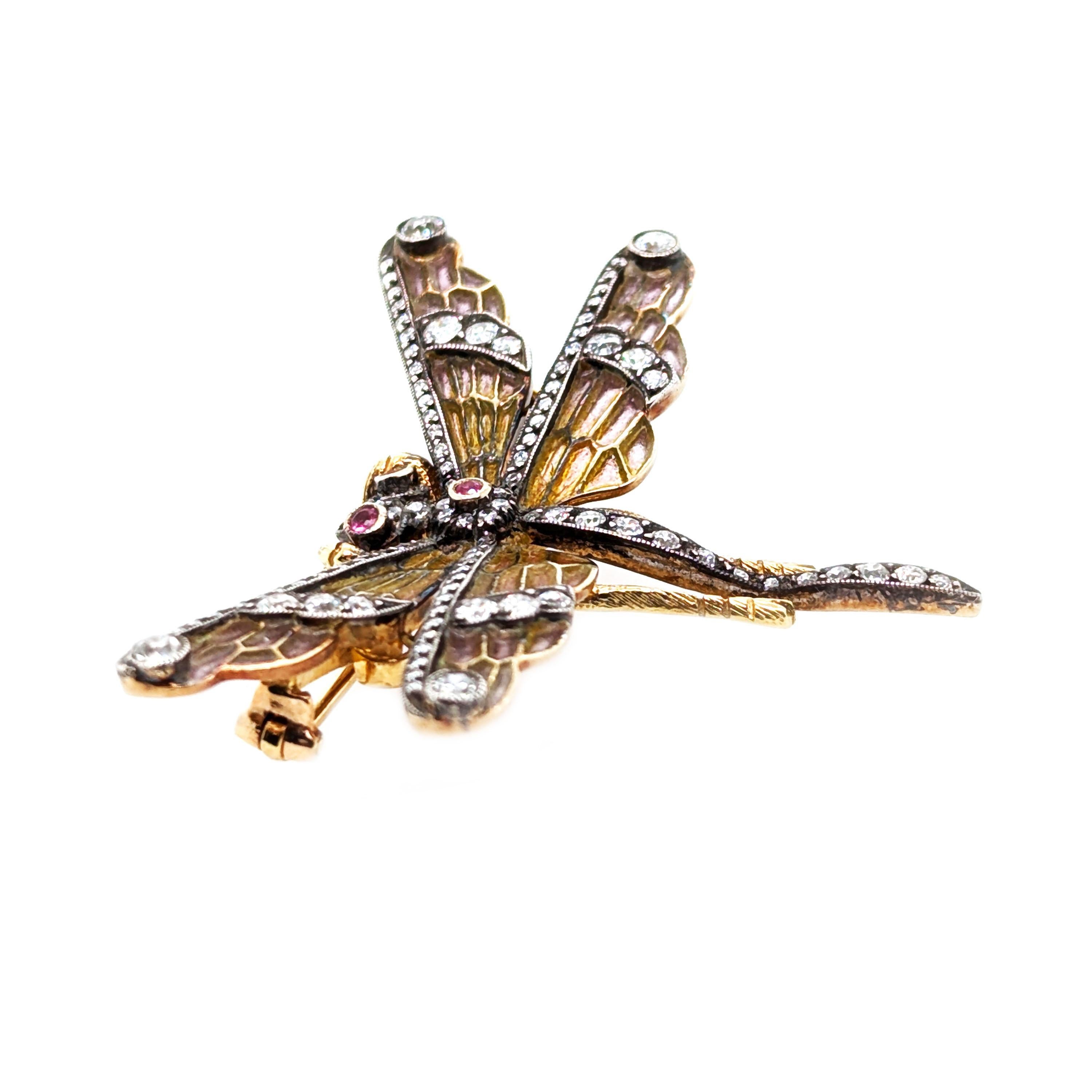 Moira Dragonfly Plique à Jour Enamel, Diamond, Pink Sapphire and Gold Brooch In New Condition For Sale In London, GB