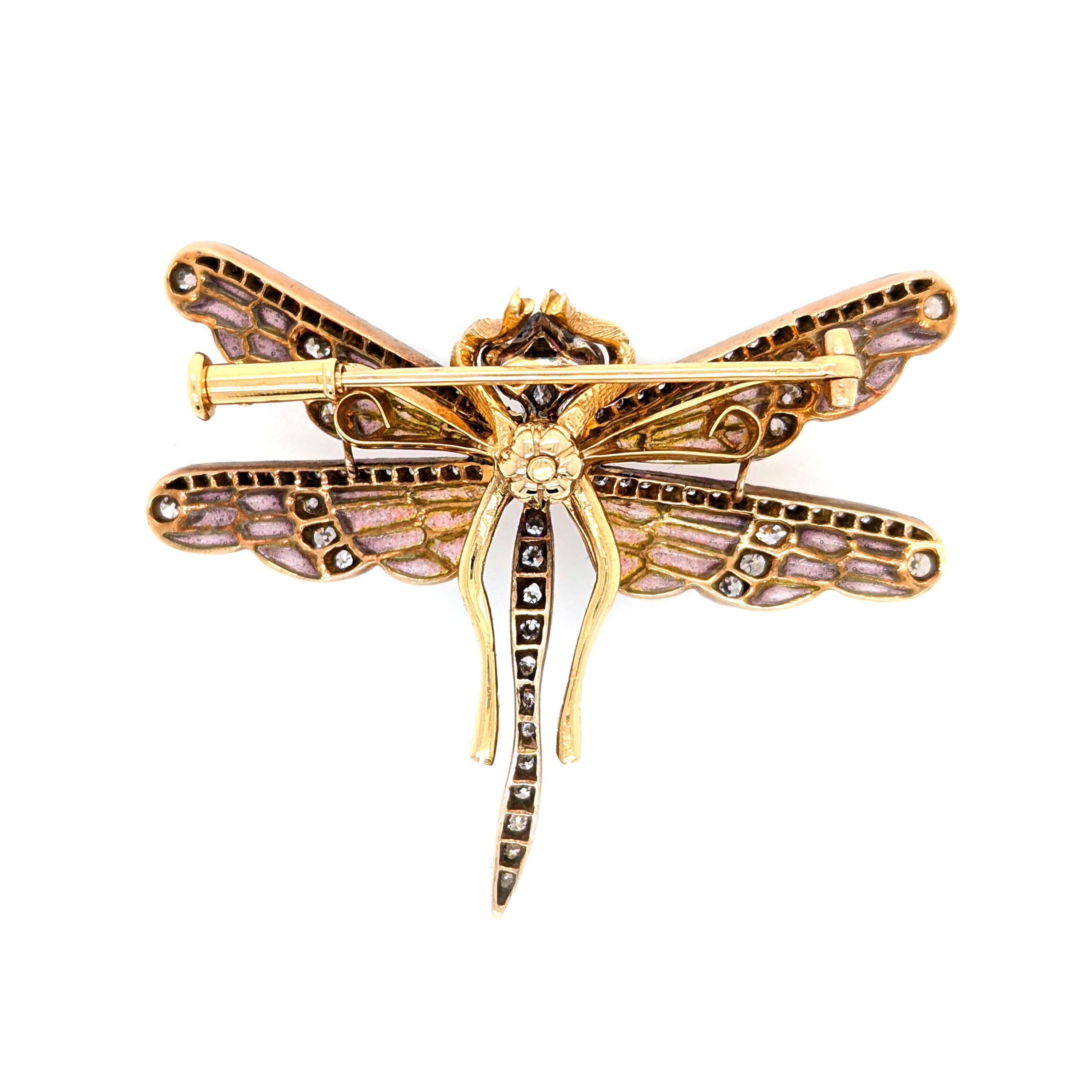 Women's or Men's Moira Dragonfly Plique à Jour Enamel, Diamond, Pink Sapphire and Gold Brooch For Sale