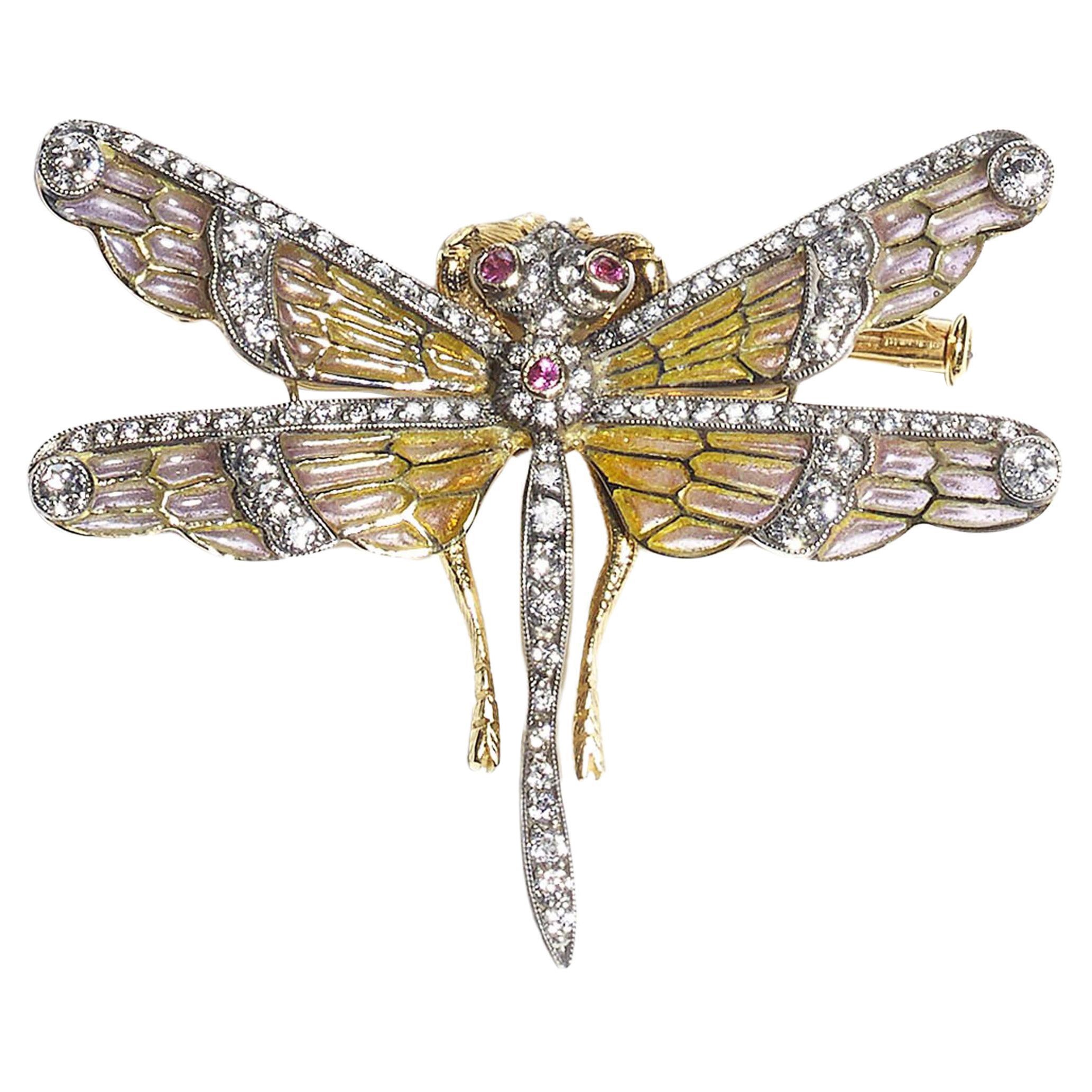Moira Libelle Plique à Jour Emaille, Diamant, rosa Saphir und Gold Brosche