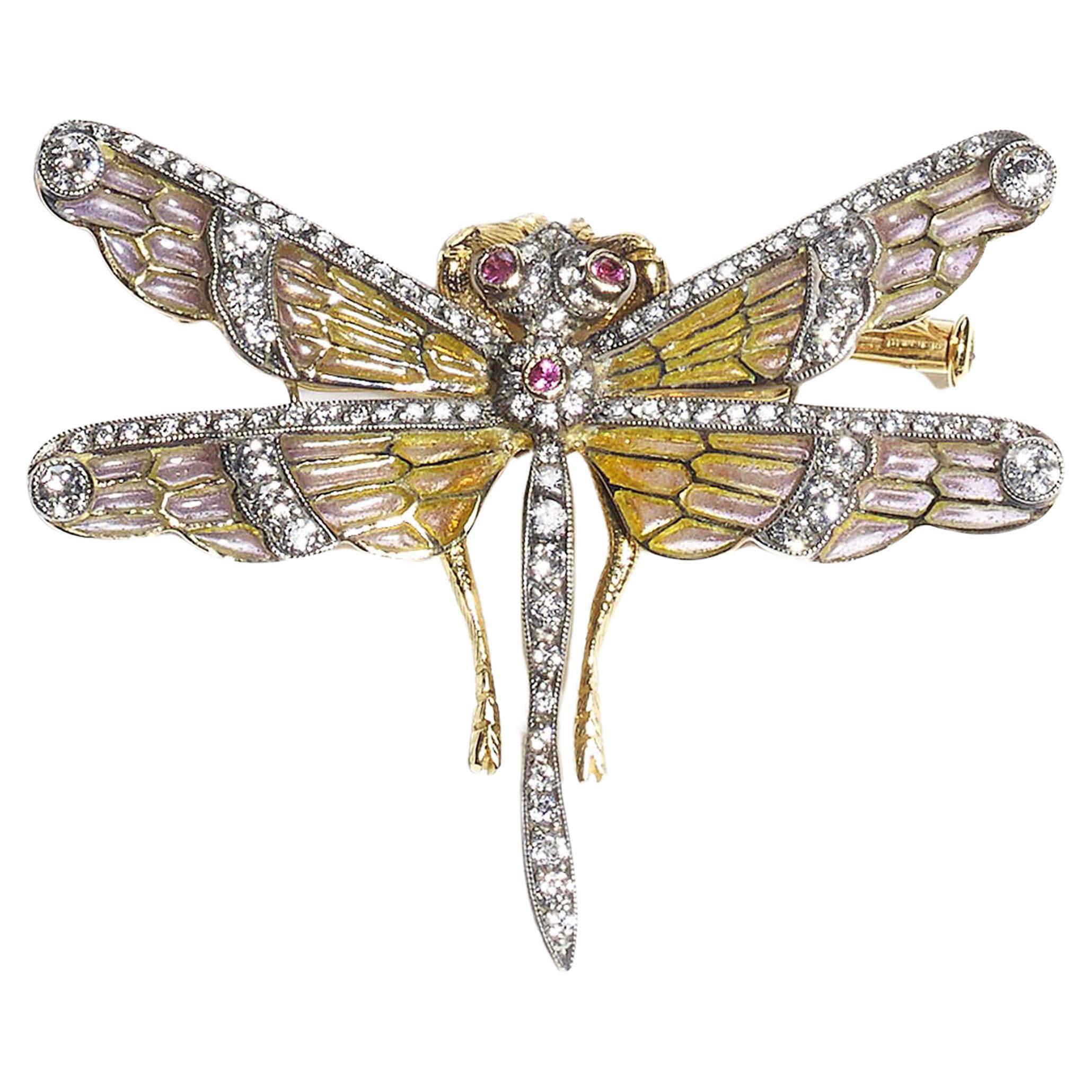 Moira Dragonfly Plique à Jour Enamel, Diamond, Pink Sapphire and Gold Brooch