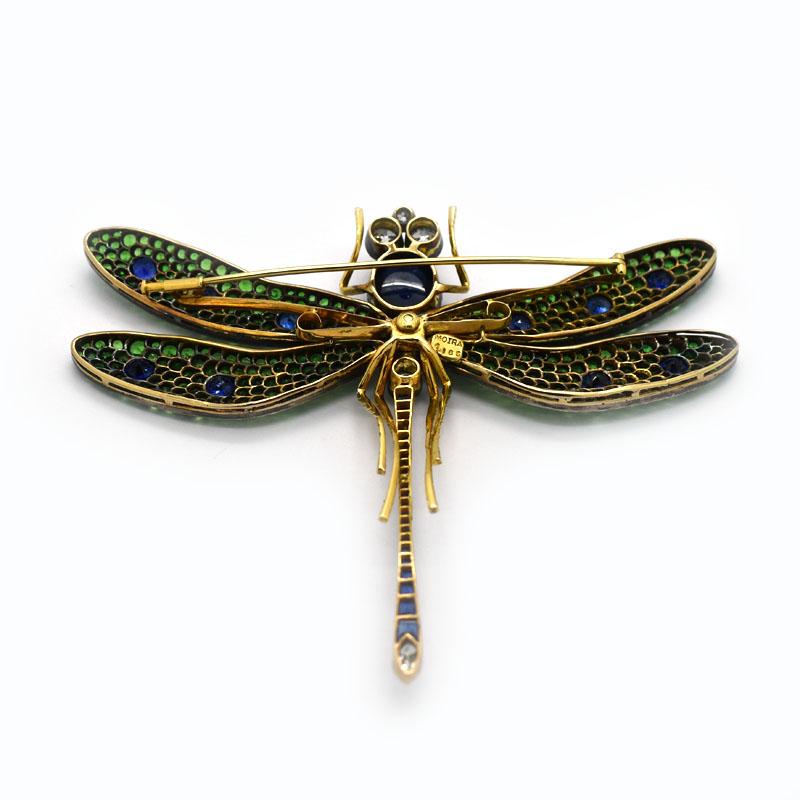Moira Green Garnet, Diamond, Sapphire, Silver and Gold, Dragonfly Brooch For Sale 2