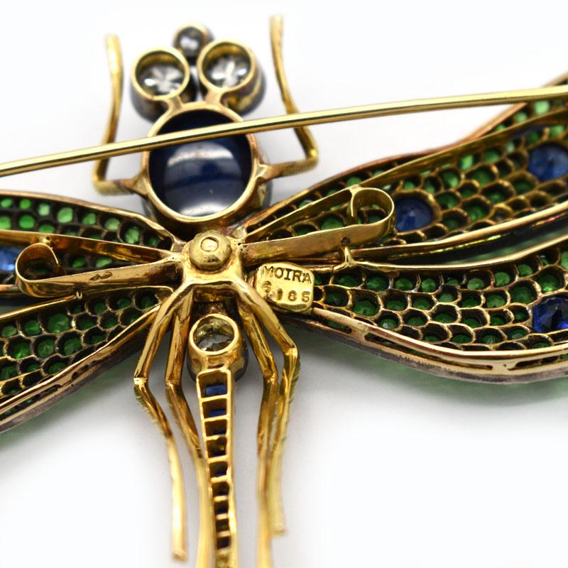 Moira Green Garnet, Diamond, Sapphire, Silver and Gold, Dragonfly Brooch For Sale 3