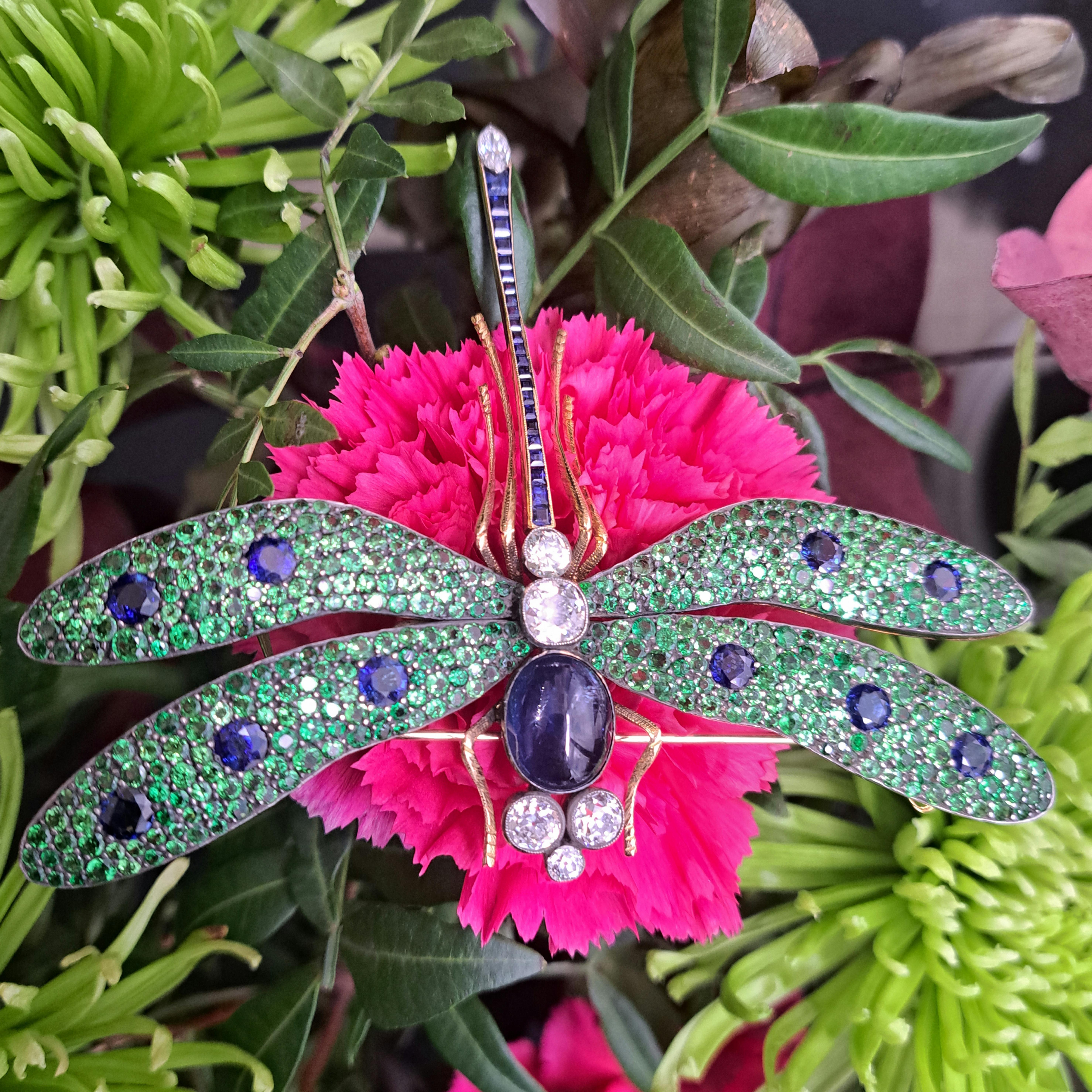 Round Cut Moira Green Garnet, Diamond, Sapphire, Silver and Gold, Dragonfly Brooch For Sale