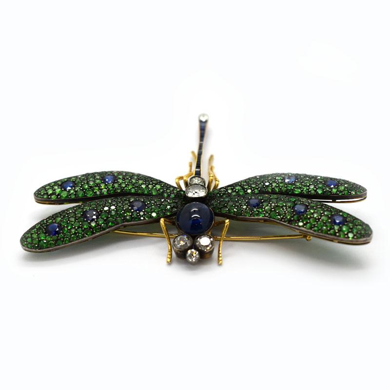 Broche libellule en grenat vert moira, diamant, saphir, argent et or en vente 1