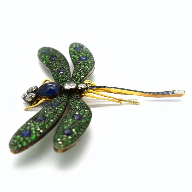 Broche libellule en grenat vert moira, diamant, saphir, argent et or en vente 2