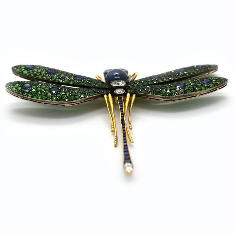 Moira Green Garnet, Diamond, Sapphire, Silver and Gold, Dragonfly Brooch For Sale 1