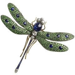 Moira Green Garnet, Diamond, Sapphire, Silver and Gold, Dragonfly Brooch