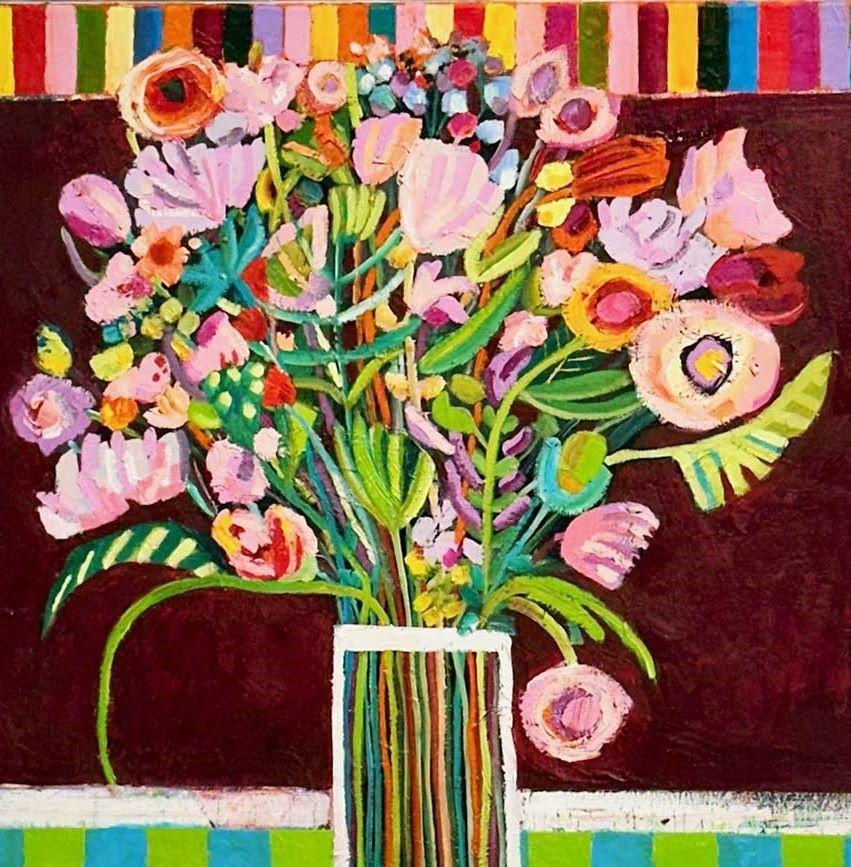 Blooming Marvelously - Expressive and vibrant colourful semi abstract painting.  - Contemporary Painting by Moira Hazel