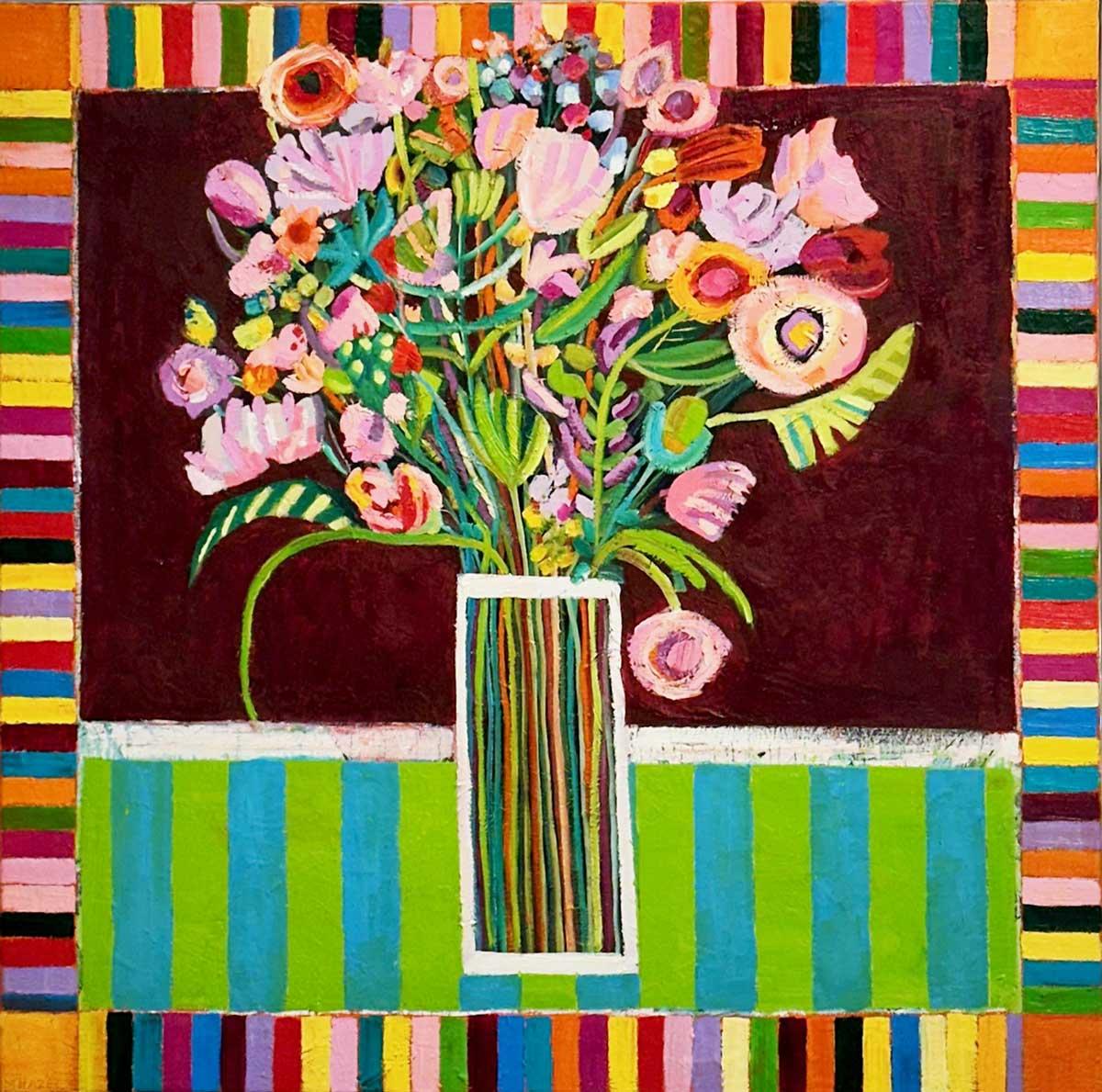 Moira Hazel Abstract Painting – Blooming Marvelously - Ausdrucksstarkes und farbenfrohes, halb-abstraktes Gemälde. 