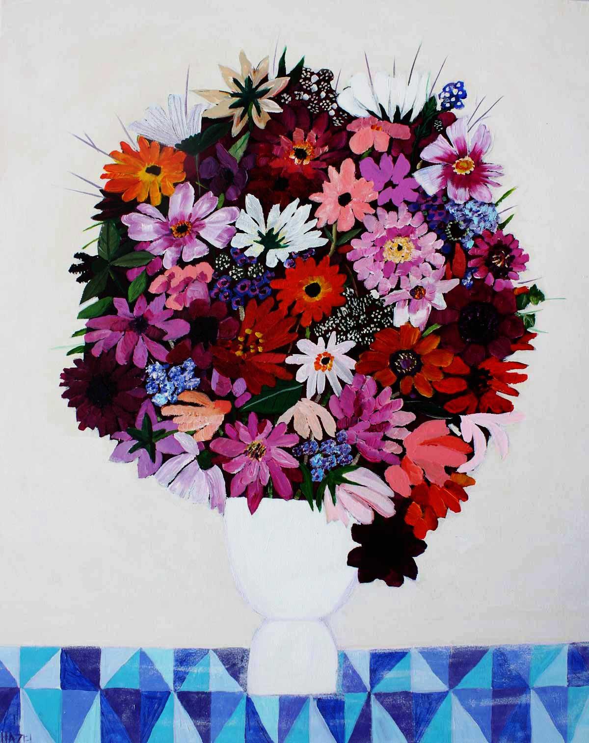 Moira Hazel Abstract Painting – Blauer Daze - Expressionistisches und leuchtendes, farbenfrohes, halb-abstraktes Gemälde.
