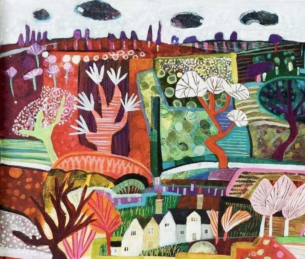 Down the Path - Expressive and vibrant colourful semi abstract painting. - Painting by Moira Hazel
