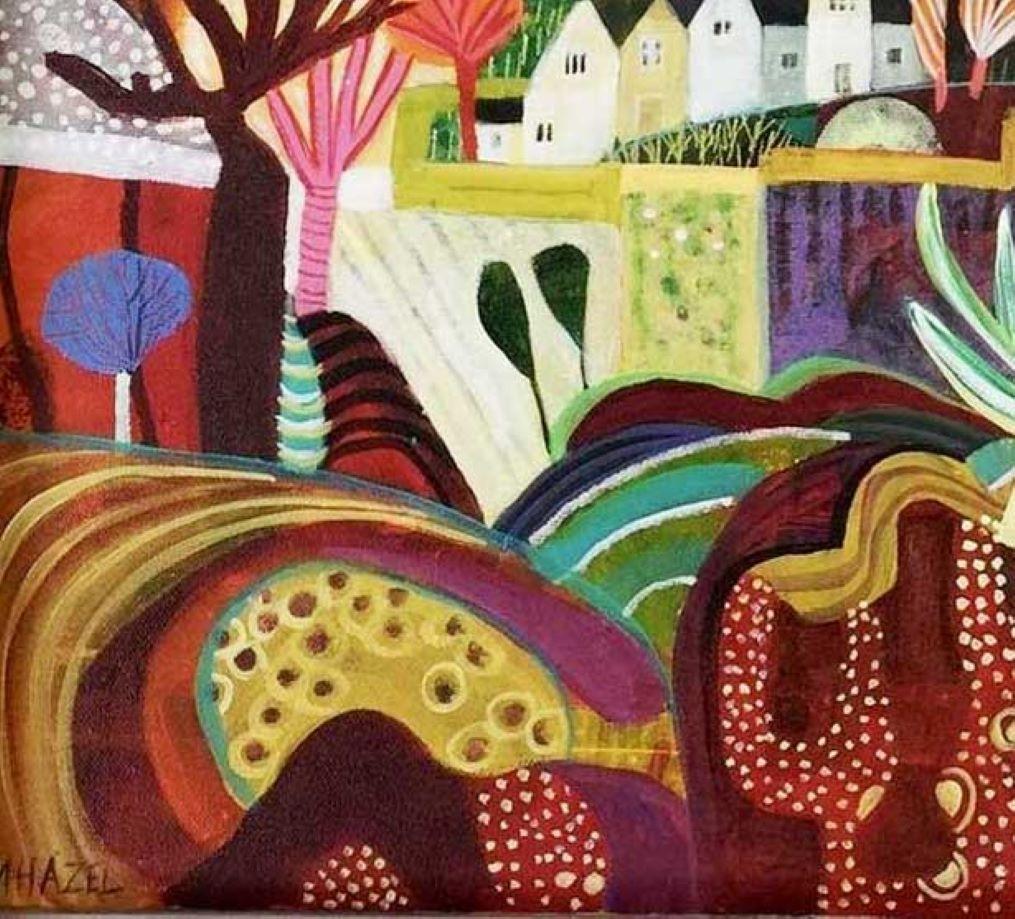 Down the Path - Expressive and vibrant colourful semi abstract painting. - Contemporary Painting by Moira Hazel
