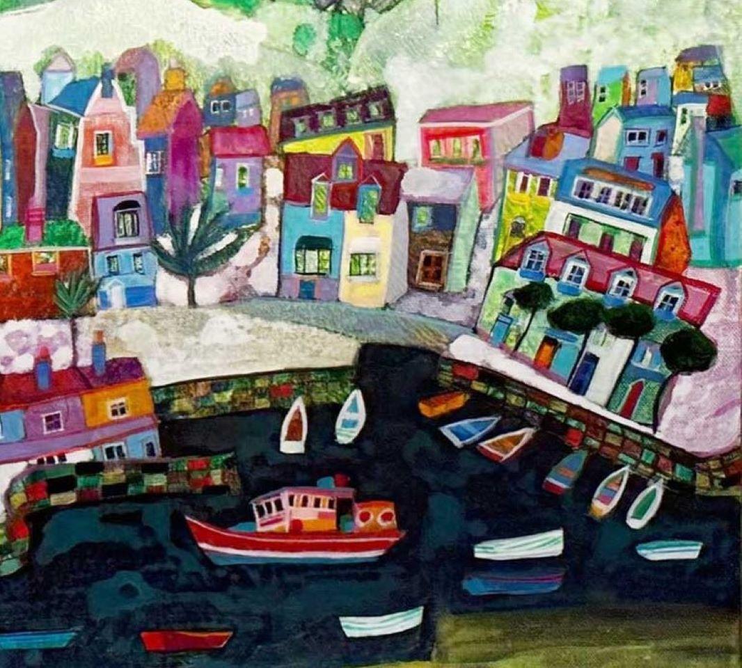 Down to the Water - Expressive and vibrant colourful semi abstract painting. - Contemporary Painting by Moira Hazel