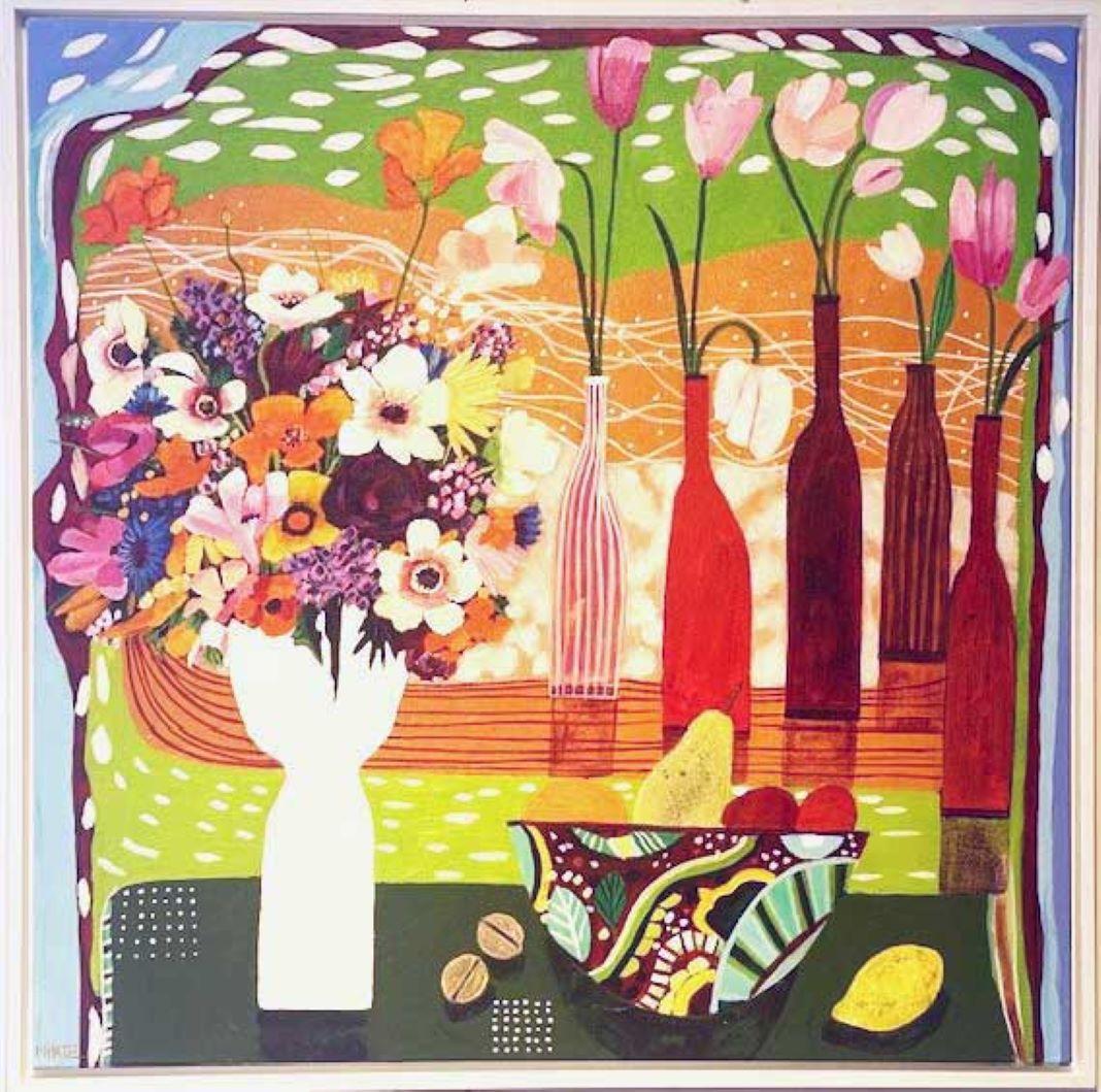 Flores, frutas y frutos secos - Pintura semiabstracta de colores vibrantes y expresivos. - Painting de Moira Hazel