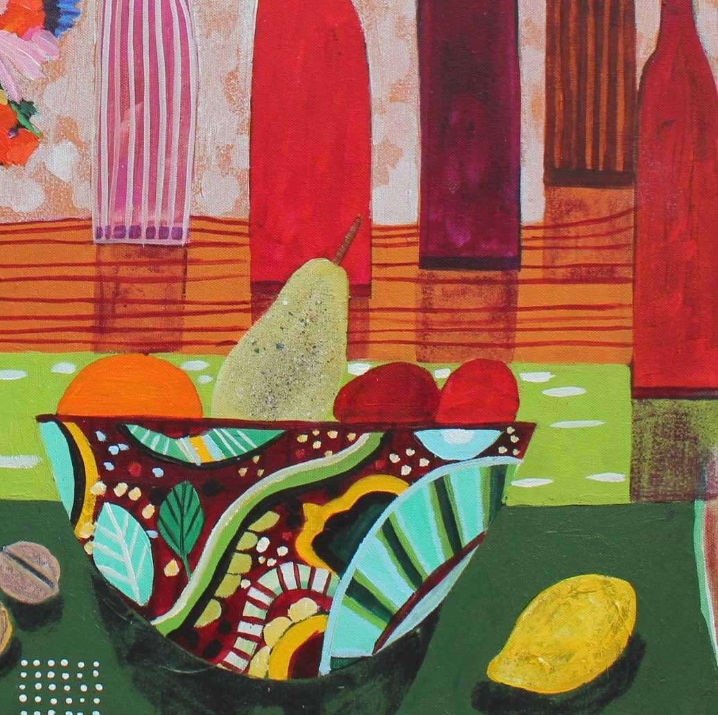 Flores, frutas y frutos secos - Pintura semiabstracta de colores vibrantes y expresivos. - Painting Contemporáneo de Moira Hazel