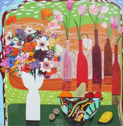 Flowers, Fruit and Nuts - Expressive vibrant colourful semi abstract painting.