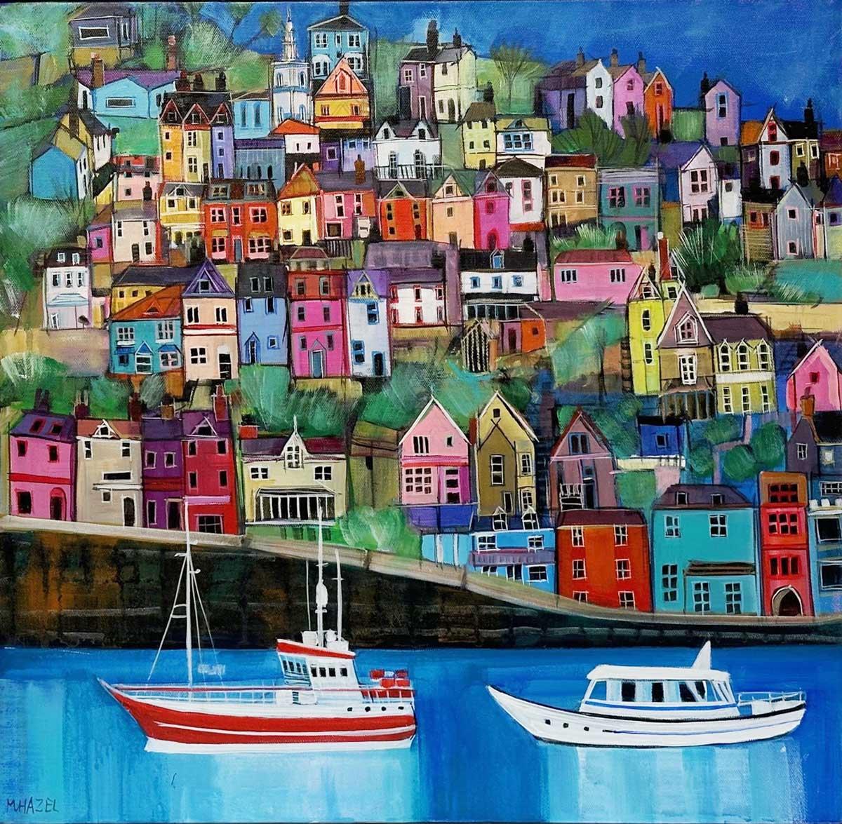 Moira Hazel Abstract Painting - High & Clear - Expressive and vibrant colourful semi abstract painting.