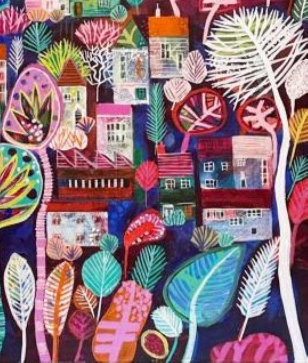 Houses in Between - Peinture semi-abstraite colorée, expressive et vibrante. - Painting de Moira Hazel