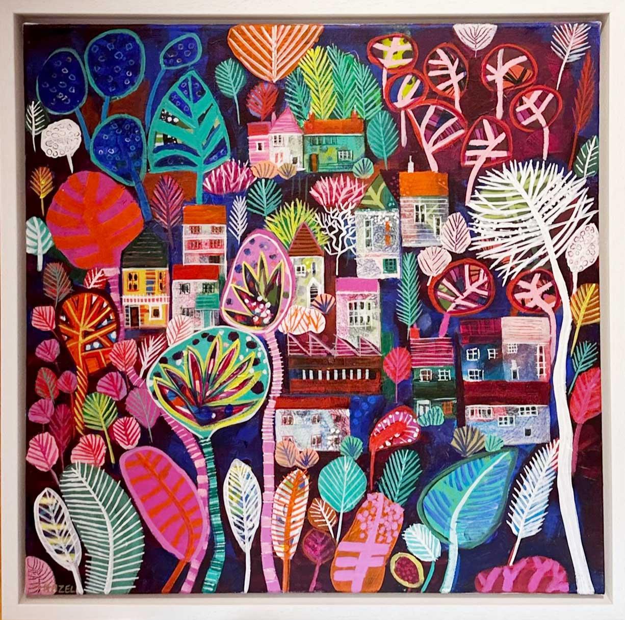 Houses in Between - Peinture semi-abstraite colorée, expressive et vibrante. - Contemporain Painting par Moira Hazel